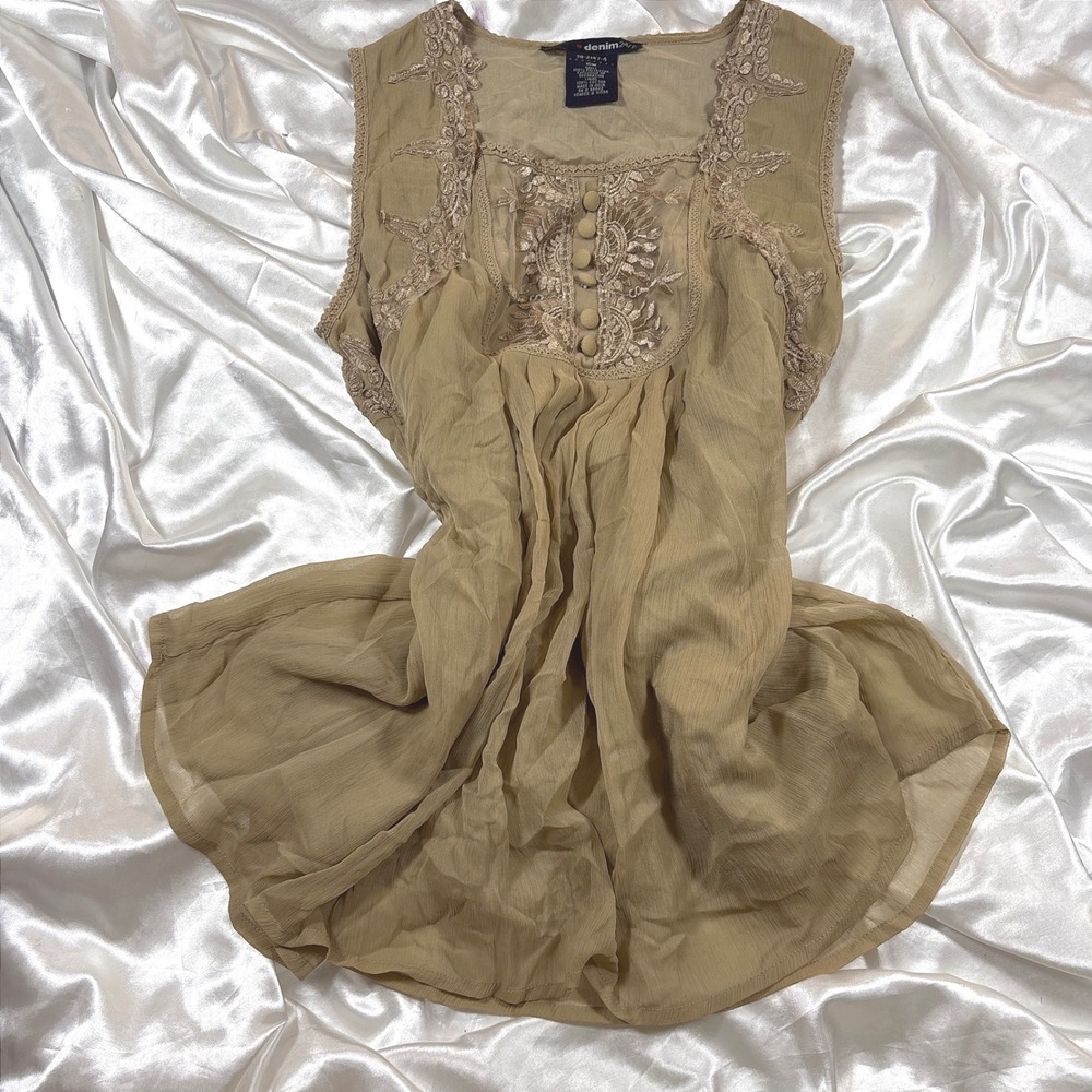 Vintage Denim 24/7 Babydoll Blouse Tan Excellent Lace Embroidered Boho Top 16W
